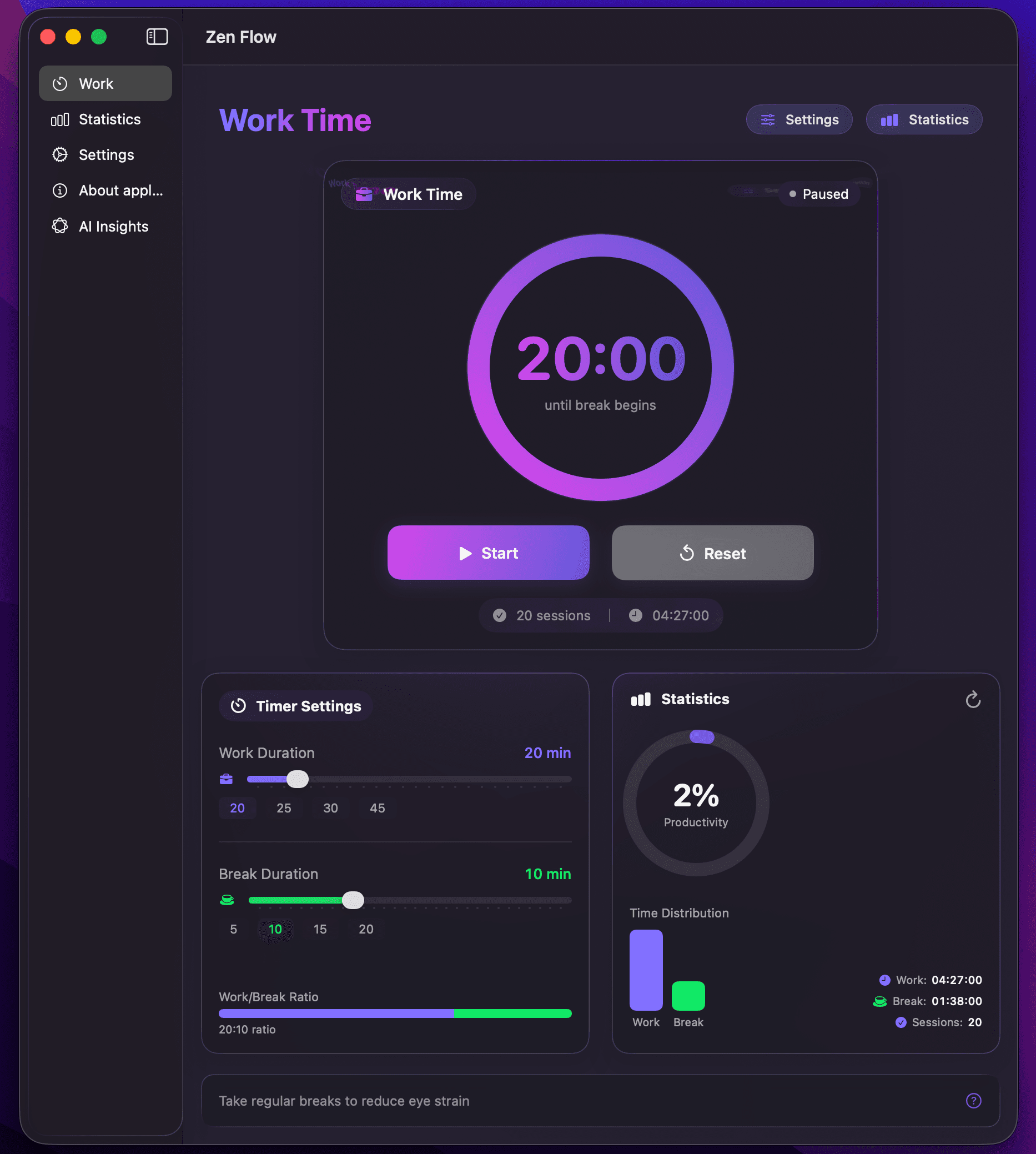 ZenFlow dashboard showing focus timer, settings, and statistics cards