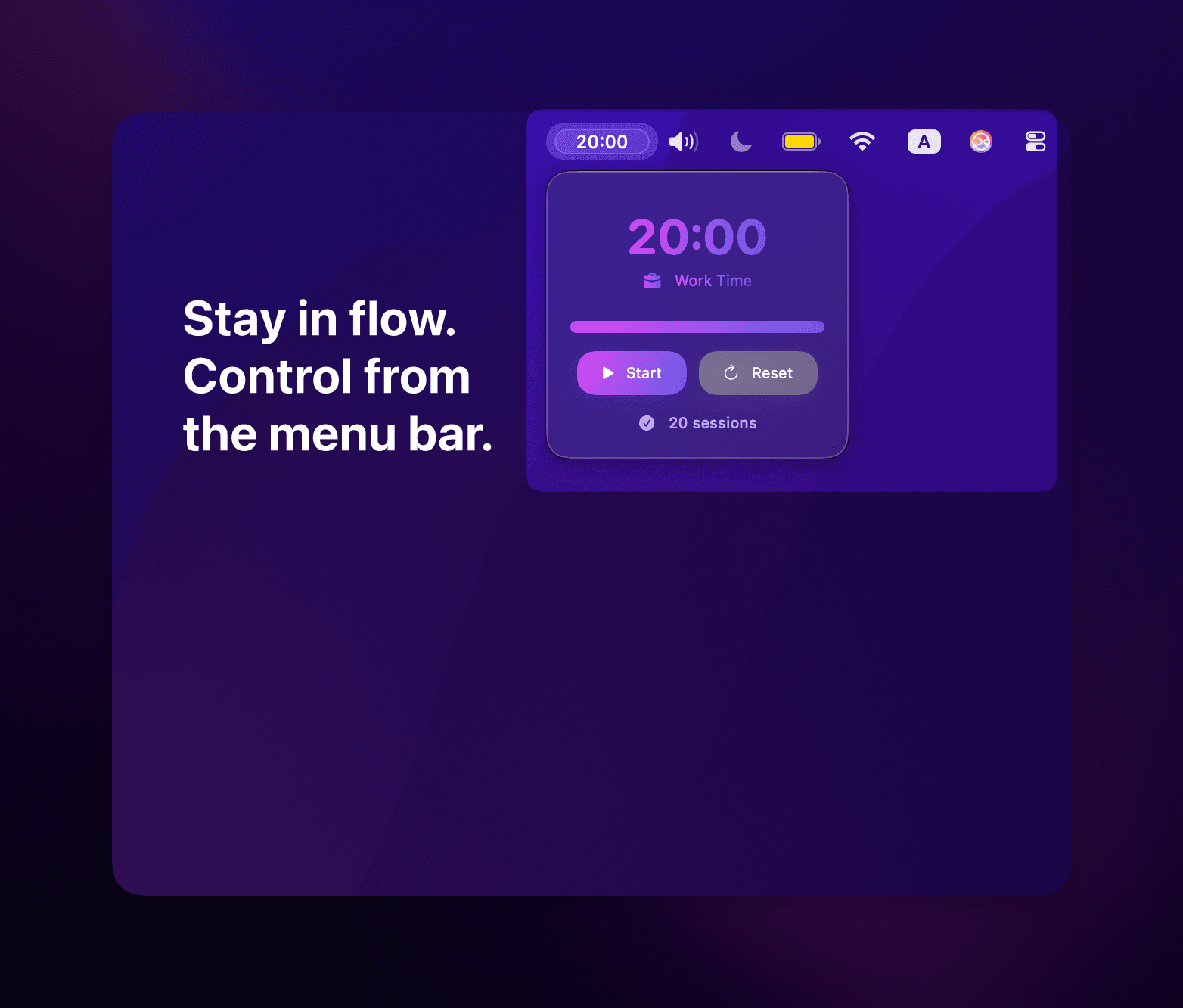 ZenFlow menu bar timer controls and quick actions