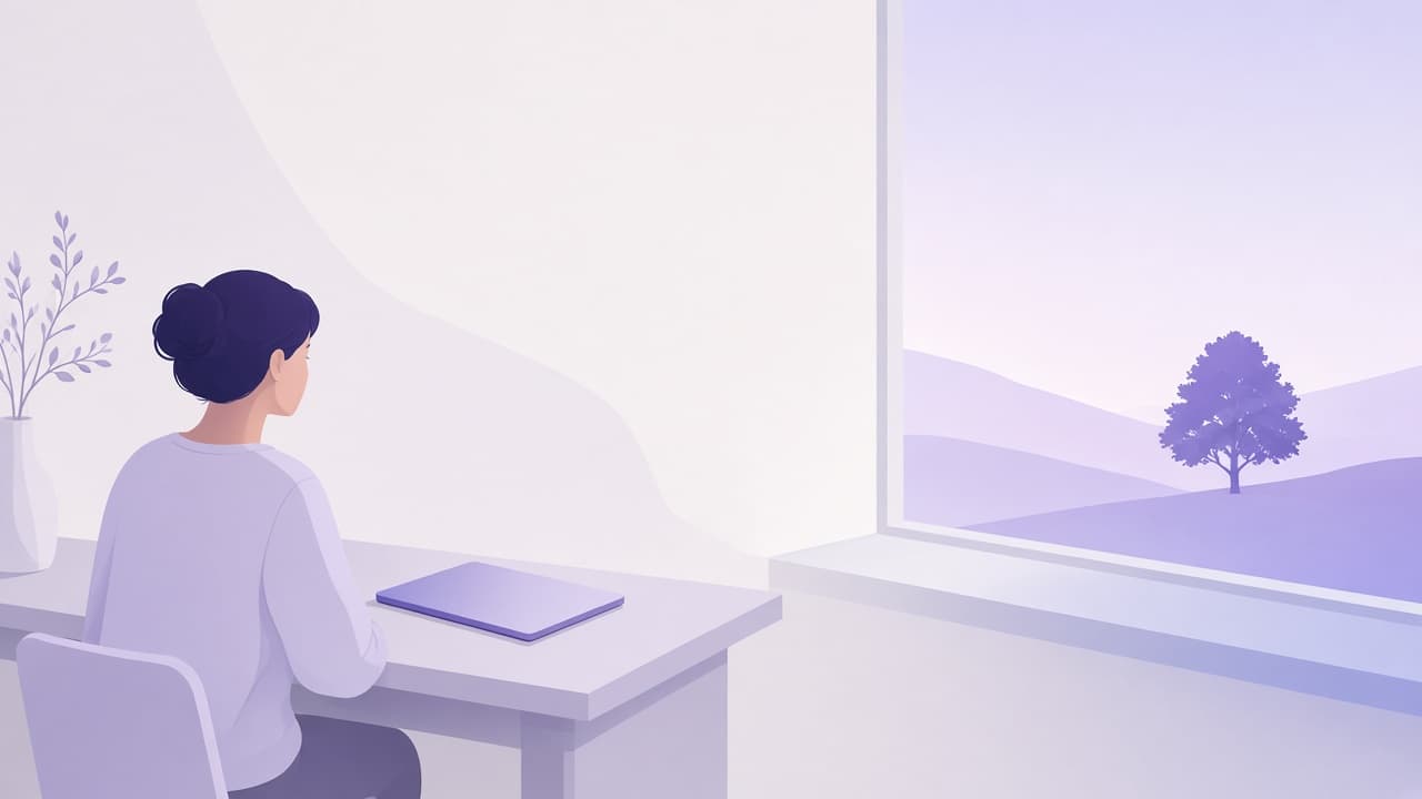 A person pauses at a laptop and looks out a window toward a distant tree.