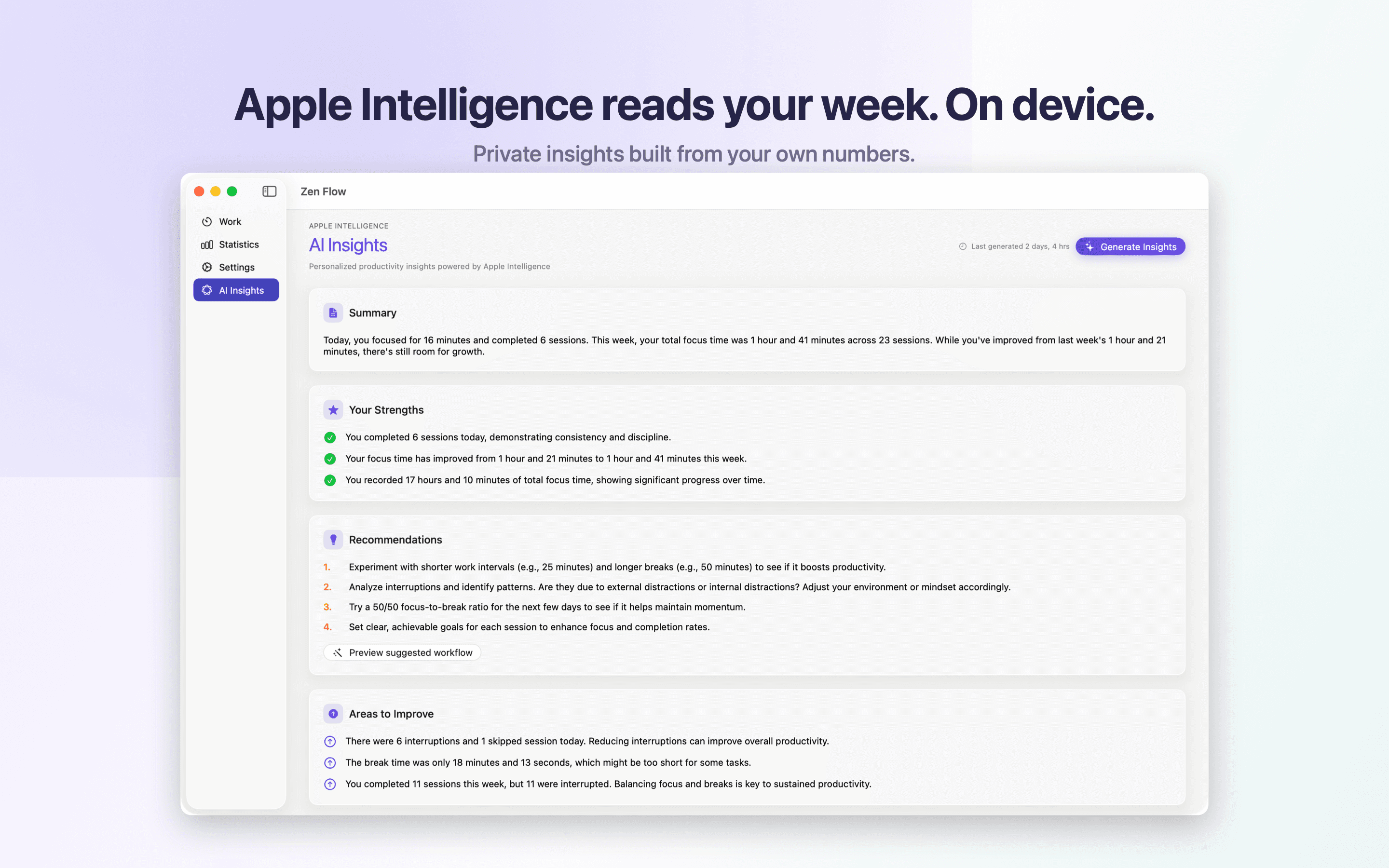 Apple Intelligence reads your week. On device. Private insights built from your own numbers.